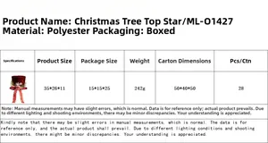Detailed size and material specs for red sequin Christmas tree topper with bow