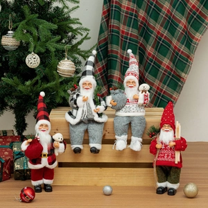 Set of four 12-inch sitting Santa Claus dolls in festive plaid outfits and holiday decor