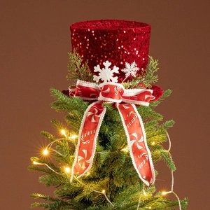 Sparkly red sequin Christmas tree topper hat with festive bow and snowflake details