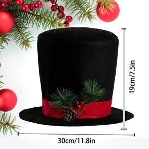 Close-up of black felt Christmas tree topper hat with red velvet ribbon and pine cone details