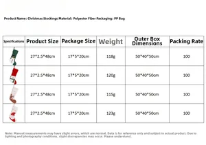 Size chart showing material and dimensions for cute snowman and reindeer Christmas stockings