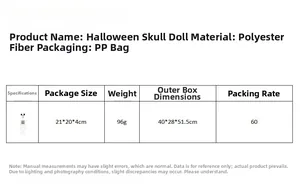 Specifiche della bambola scheletro di Halloween in poliestere e dimensioni di 21x20x4cm