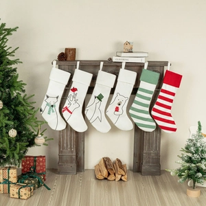 Set van 6 kerstsokken met dierenillustraties en strepen voor haard- en huisdecoratie