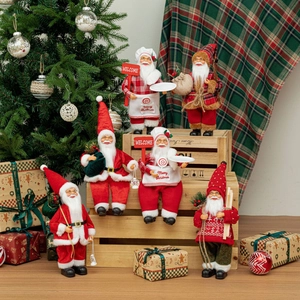 Detailed collection of 12-inch sitting Santa dolls in festive red and white plaid outfits