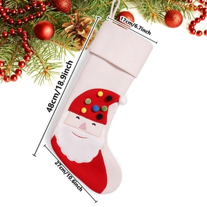 Plush Christmas stocking with cartoon Santa Claus and size details for holiday decor