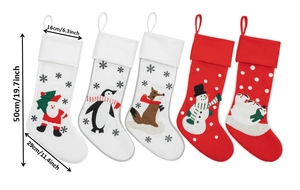 Detailed size chart showing five cartoon Christmas stockings dimensions and hang loops