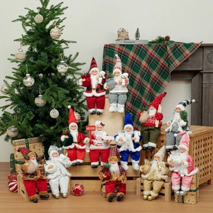 Collection of 12-inch sitting Santa Claus dolls in various festive colors and Nordic styles