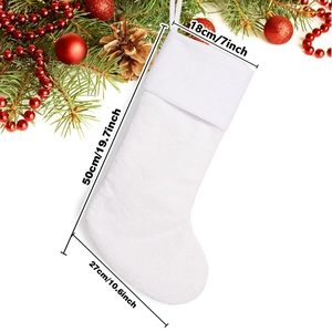Detail of white plush Christmas stocking with 50cm length dimensions and festive decor