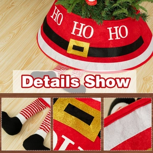 Red Christmas tree skirt with elf legs and HO HO HO print for festive tree base decoration