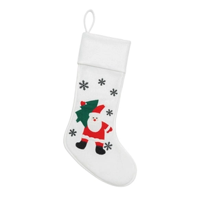 White Christmas stocking with Santa Claus embroidery and tree, festive hanging decoration