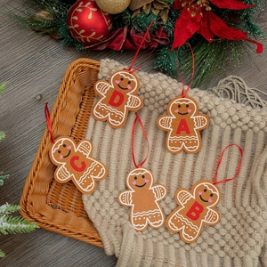 5-piece felt gingerbread man Christmas tree ornaments with red letters and silk ribbons