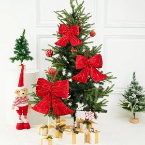 Fiocco natalizio fatto a mano in velluto rosso con glitter dorati per decoro albero