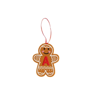 Gingerbread man felt ornament with red letter A for Christmas tree decoration