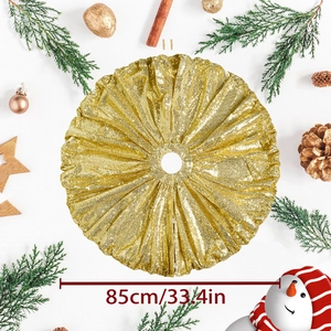 Golden sequin Christmas tree skirt 85cm 33in diameter with festive decorations on white wood