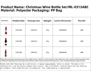 Size chart for Christmas wine bottle covers featuring Santa, snowman, and elk designs