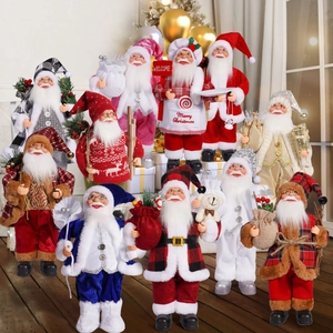 Detailed close-up of Santa Claus plush dolls in various festive costumes and accessories