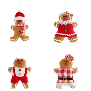 Set di quattro decorazioni di peluche omino di pan di zenzero con abiti festivi