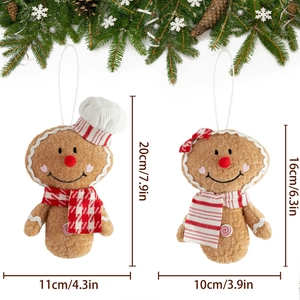 Set of 2 Christmas gingerbread man plush ornaments with chef hat and bow tie details