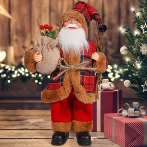 Close-up of 12-inch Santa Claus doll in red plaid coat with brown fur trim and gift bag