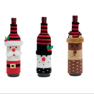 Three-piece Christmas wine bottle cover set with Santa, Snowman and Reindeer knit designs