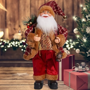 Detailed Santa Claus figurine with red plaid robe holding a vintage lantern and gift bag