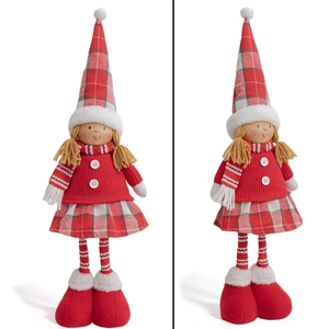 Detail of Christmas girl doll showing knitted red sweater and plaid hat textures
