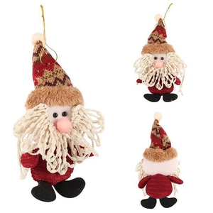 Drei Plüsch-Weihnachtsmann-Anhänger mit Strickmützen und goldenen Schnüren für den Baum