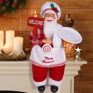 Detail eines 30cm Weihnachts-Koch-Nikolaus mit Welcome-Schild und Serviertablett