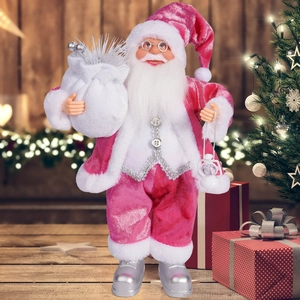 Pink velvet Santa Claus figurine with glowing fiber optic gift bag and white lantern