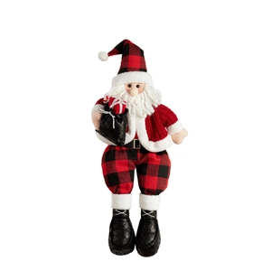Stehende Weihnachtsmann Puppe mit karierter Mütze und schwarzem Geschenksack Deko