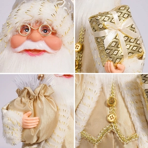 Detail of champagne gold Santa Claus ornament with luxury floral buttons and gift box