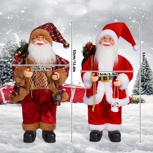 Detailed 12-inch Santa Claus figures in brown plaid and classic red with size measurements
