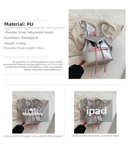 Vue détaillée du sac à dos en PU argenté avec dimensions et sangles roses