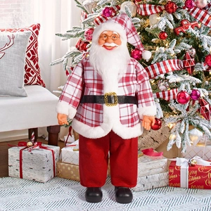 Dettaglio di Babbo Natale in piedi con giacca scozzese rossa e occhiali per decoro natalizio