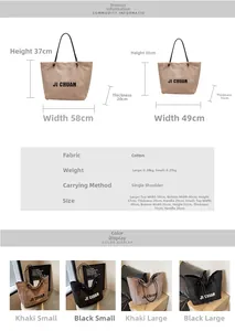 Size chart showing large and small canvas tote bag dimensions with weight and fabric details