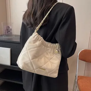 Women Quilted PU Leather Bucket Bag Gold Chain Drawstring Shoulder Crossbody Bag Fashion Rhombus Pattern Handbag
