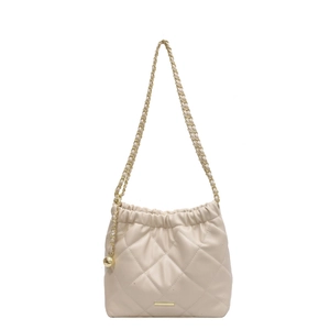 Elegant beige quilted bucket bag with gold chain strap and drawstring closure