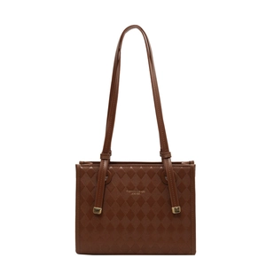 Large capacity quilted tote bag in dark brown faux leather with elegant gold accents