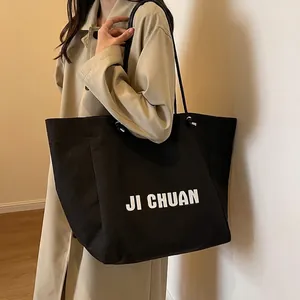 Women Large Capacity Canvas Tote Bag Letter Print Shoulder Bag Minimalist Commuting Handbag For Daily Travel Casual Ladies Bags