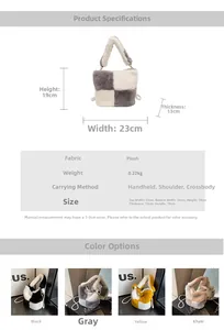 Detail view showing dimensions and materials of the plush checkered bucket bag with pearls