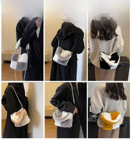 Multiple views of fuzzy checkered bucket bag with elegant pearl strap on model
