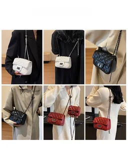 Detailed views of quilted chain bags in white, black, and red showing crossbody styling