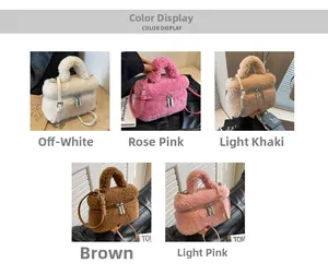 Détails des sacs seaux en peluche en beige, rose fuschia, kaki, marron et rose clair chic