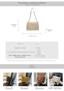 Detailed dimensions of quilted shoulder bag with chain strap and size chart info