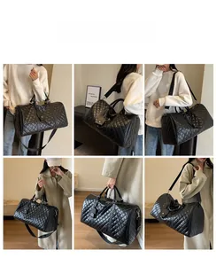 Collage of black quilted travel bag worn as handbag, shoulder bag, and crossbody style