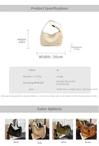 Detailed size specifications and material specs for the large canvas tote messenger bag