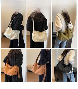 Collage of model wearing large canvas crossbody bag in beige, green, and black colors