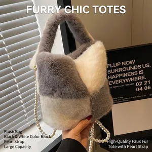 Women Fashion Plush Checkerboard Bucket Bag Faux Fur Handbag With Artificial Pearl Strap Winter Casual Crossbody Shoulder Bag Gift