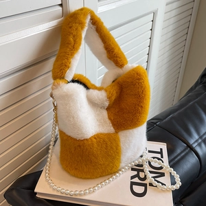 Chic yellow and white checkerboard plush bucket bag with pearl strap on book base