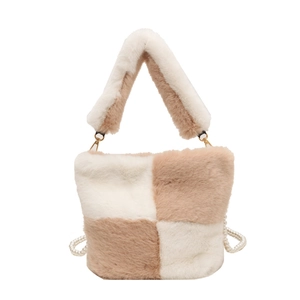 Checkerboard plush bucket bag with pearl strap and soft faux fur handle